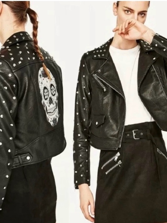 Zara Jackets & Blazers - ZARA Studded Faux leather biker black jacket with skull decal women’s Medium